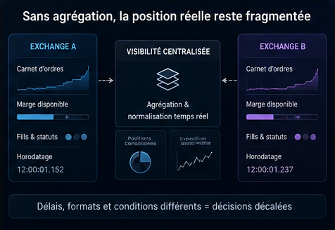 Architecture montrant la fragmentation de visibilité dans une exécution multi-exchange