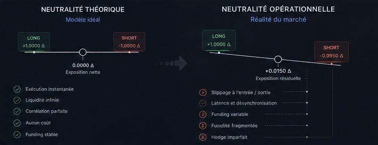 Différence entre neutralité théorique et neutralité opérationnelle en trading delta-neutral