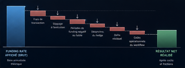 Diagramme du passage du funding rate affiché au résultat net après coûts d’exécution