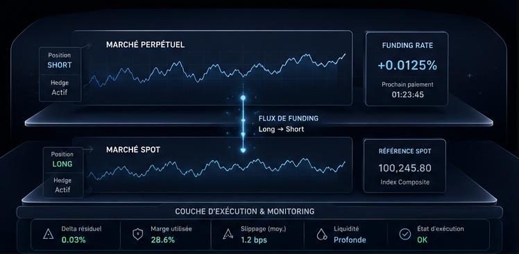 Schéma premium du funding rate crypto dans un workflow delta-neutral