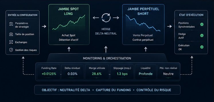 Workflow delta-neutral de capture de funding avec long spot short perpétuel et monitoring opérationnel
