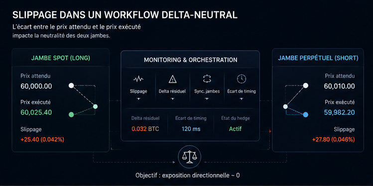Schéma premium du slippage dans un workflow delta-neutral crypto