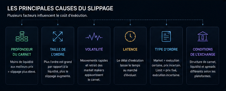 Infographie des principales causes du slippage en trading crypto