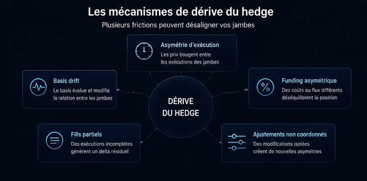 Infographie des mécanismes de dérive du hedge dans une stratégie delta-neutral