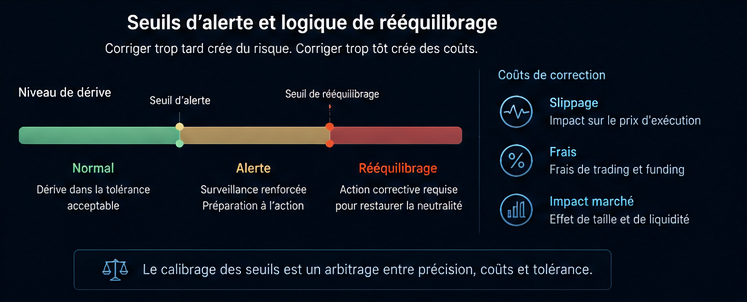 Infographie des seuils d’alerte et de rééquilibrage d’un hedge delta-neutral