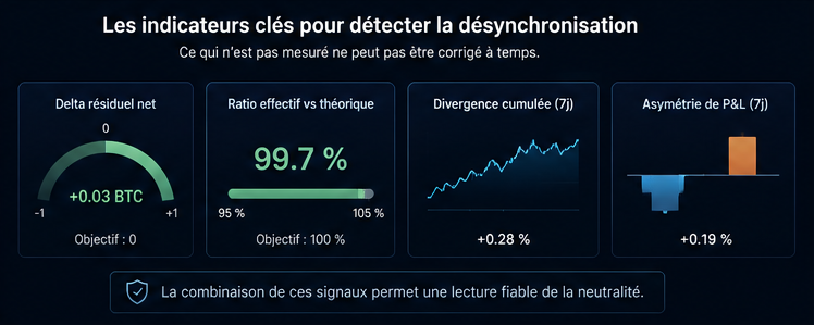 Dashboard des indicateurs de monitoring pour détecter un hedge désynchronisé