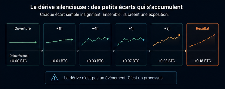 Diagramme de l’accumulation silencieuse du delta résiduel dans un hedge désynchronisé