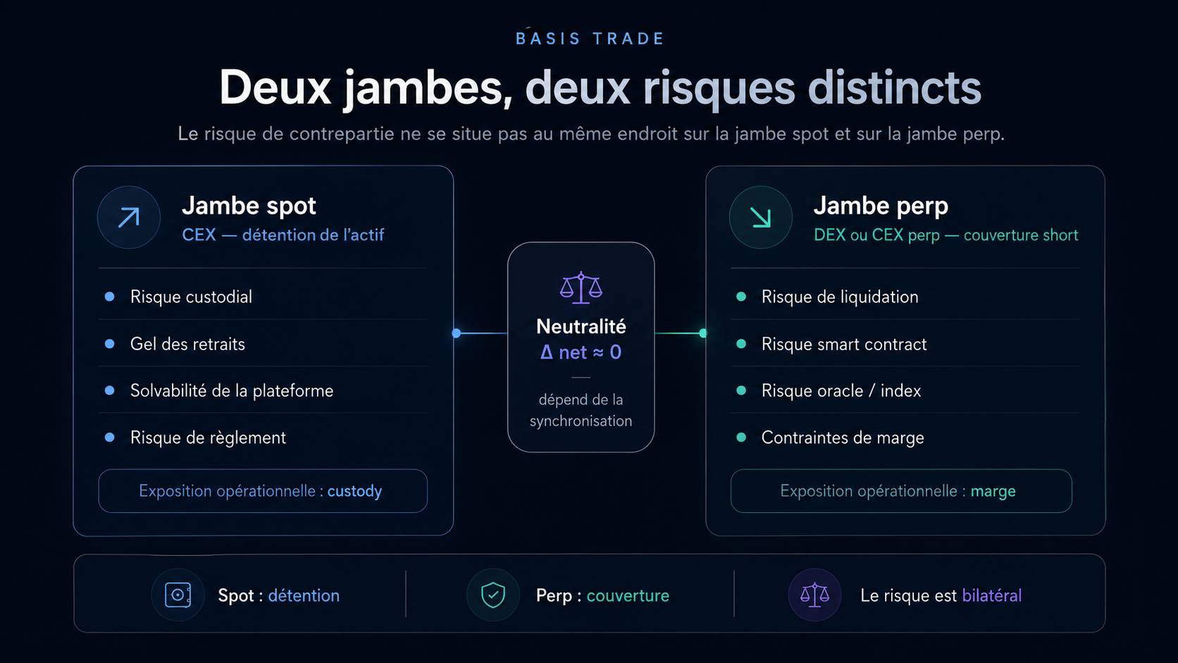 Risque de contrepartie dans un basis trade delta-neutral entre plateformes spot et perp